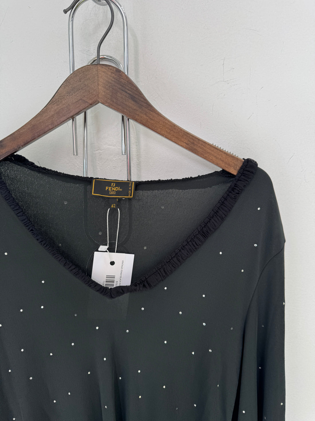 VINTAGE FENDI BLACK RHINESTONE V-NECK L/S TOP