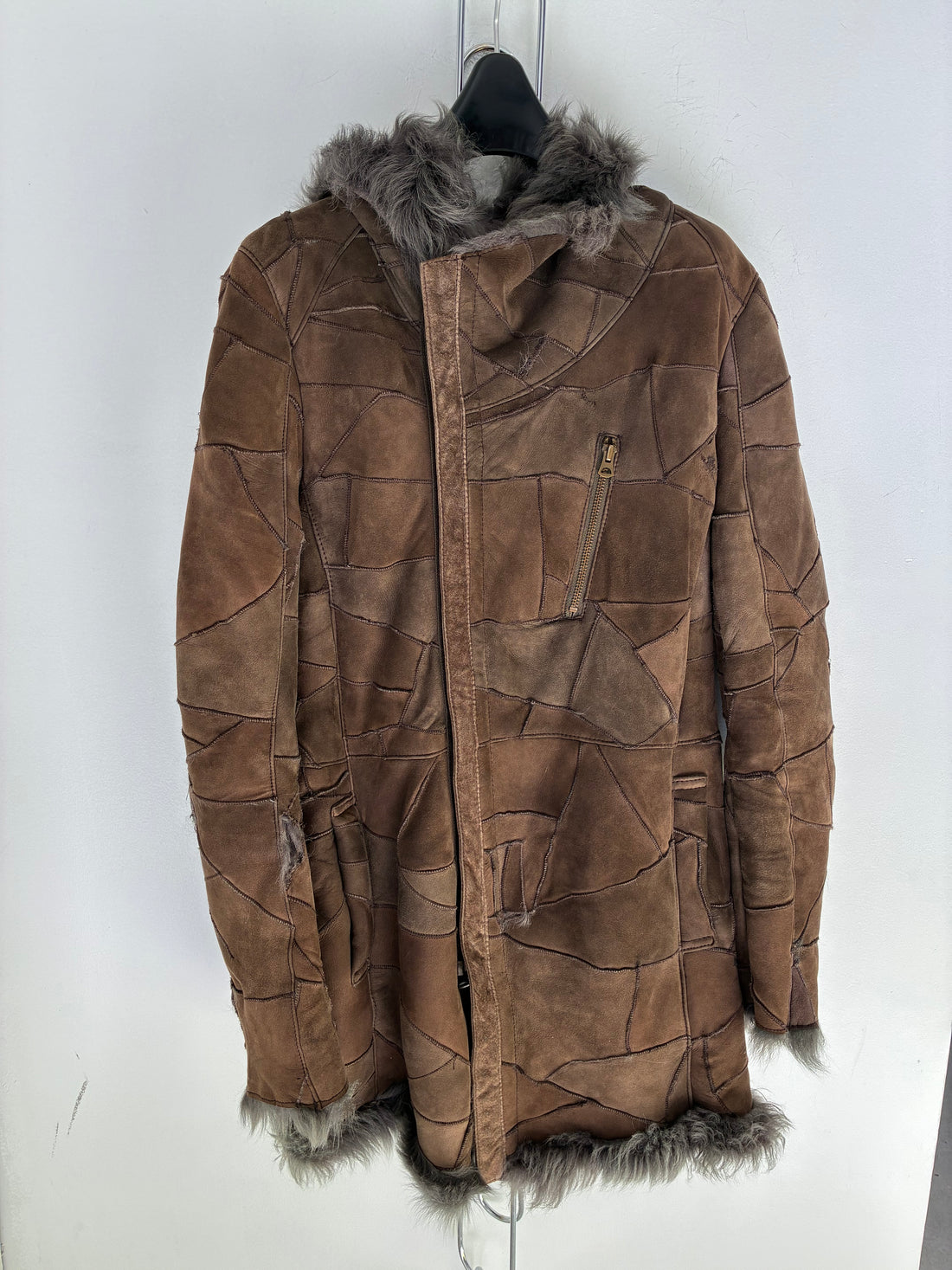 TORNADO MART PATCHWORK LEATHER AND SHEARLING COAT