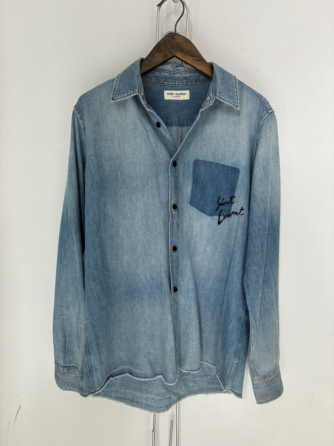 SAINT LAURENT DENIM LOGO BUTTON UP SHIRT