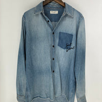 SAINT LAURENT DENIM LOGO BUTTON UP SHIRT