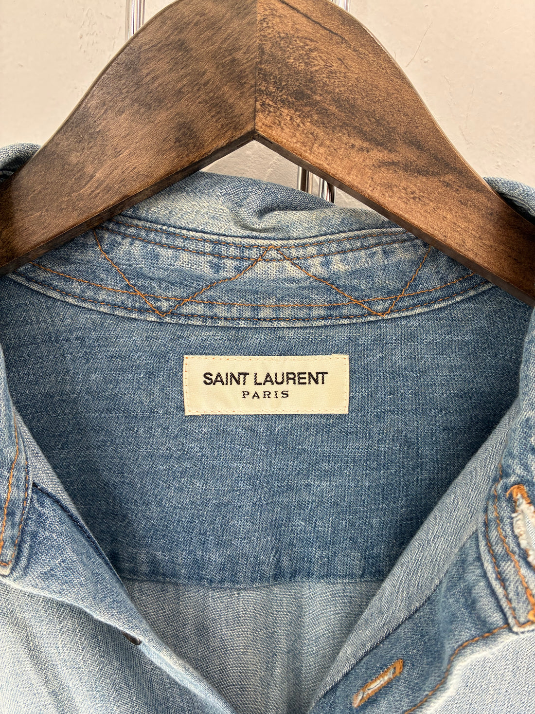 SAINT LAURENT DENIM LOGO BUTTON UP SHIRT