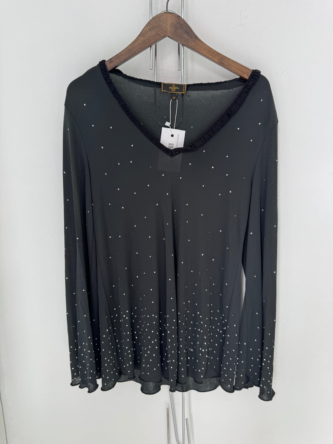 VINTAGE FENDI BLACK RHINESTONE V-NECK L/S TOP