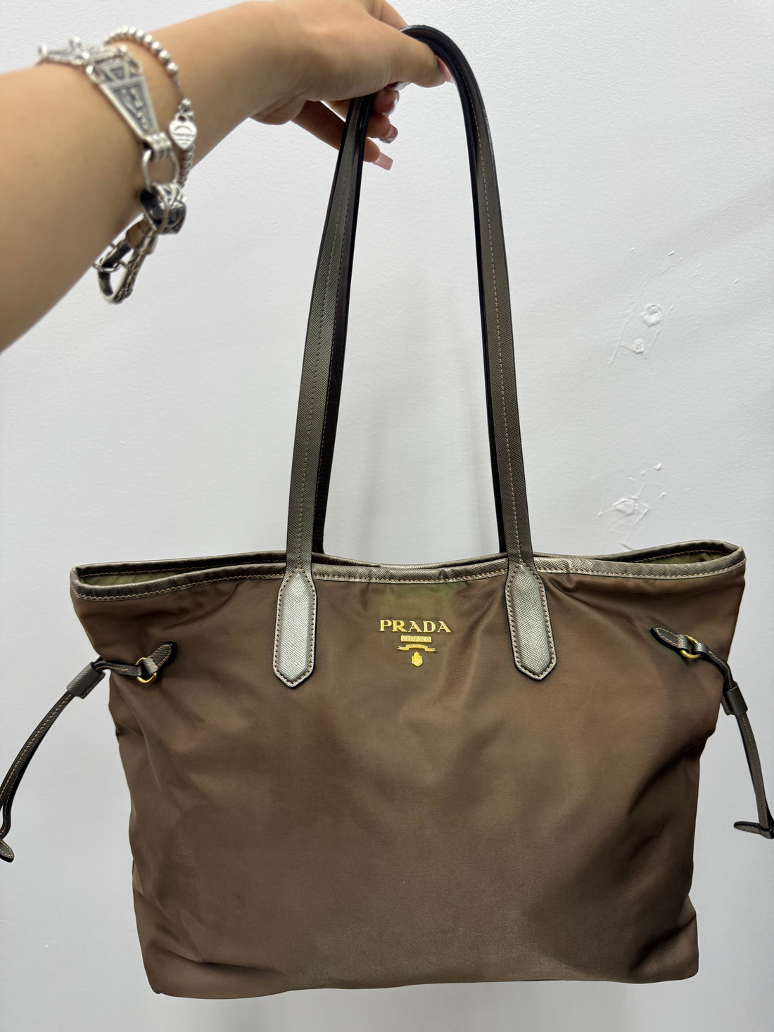PRADA OLIVE NYLON TOTE BAG