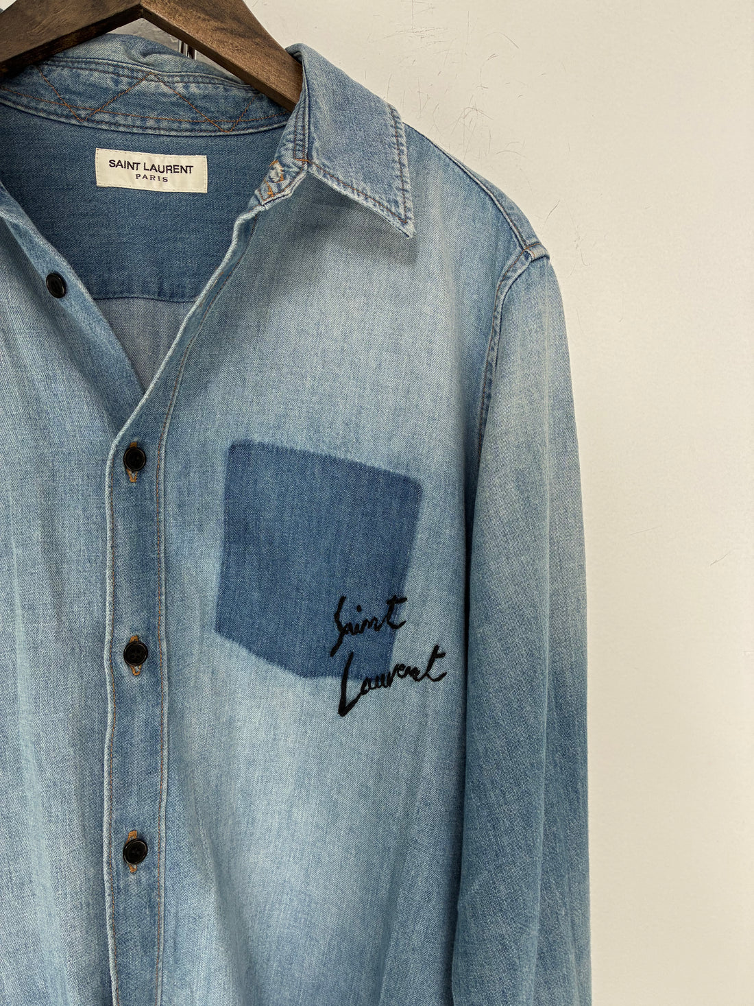 SAINT LAURENT DENIM LOGO BUTTON UP SHIRT