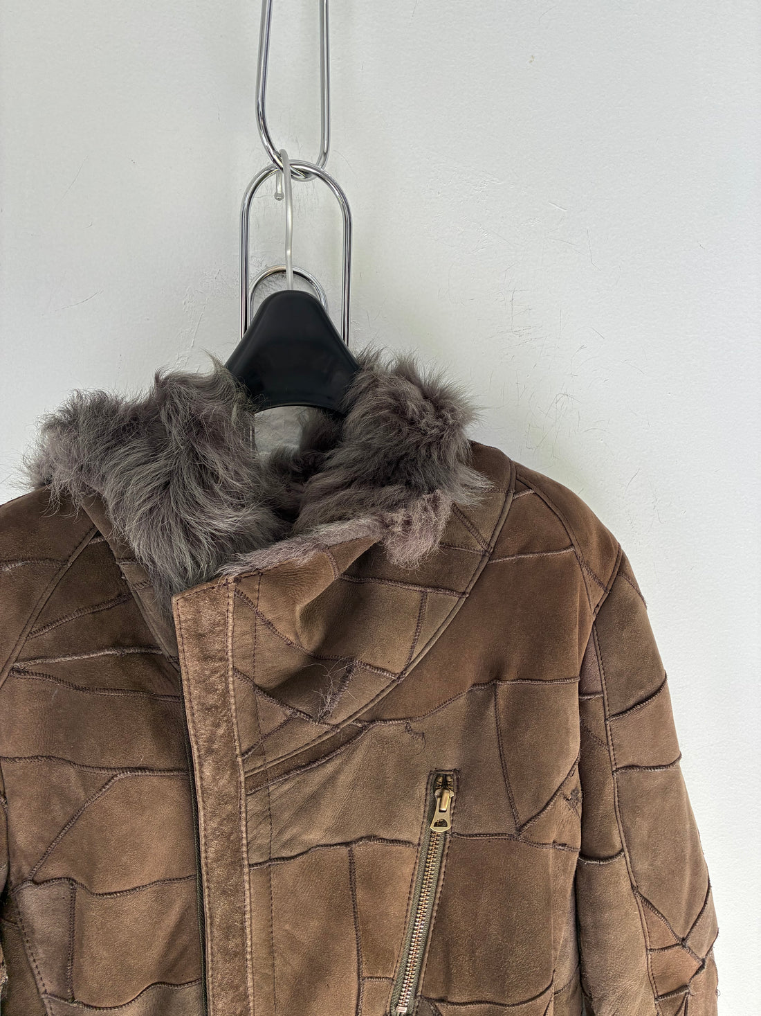 TORNADO MART PATCHWORK LEATHER AND SHEARLING COAT